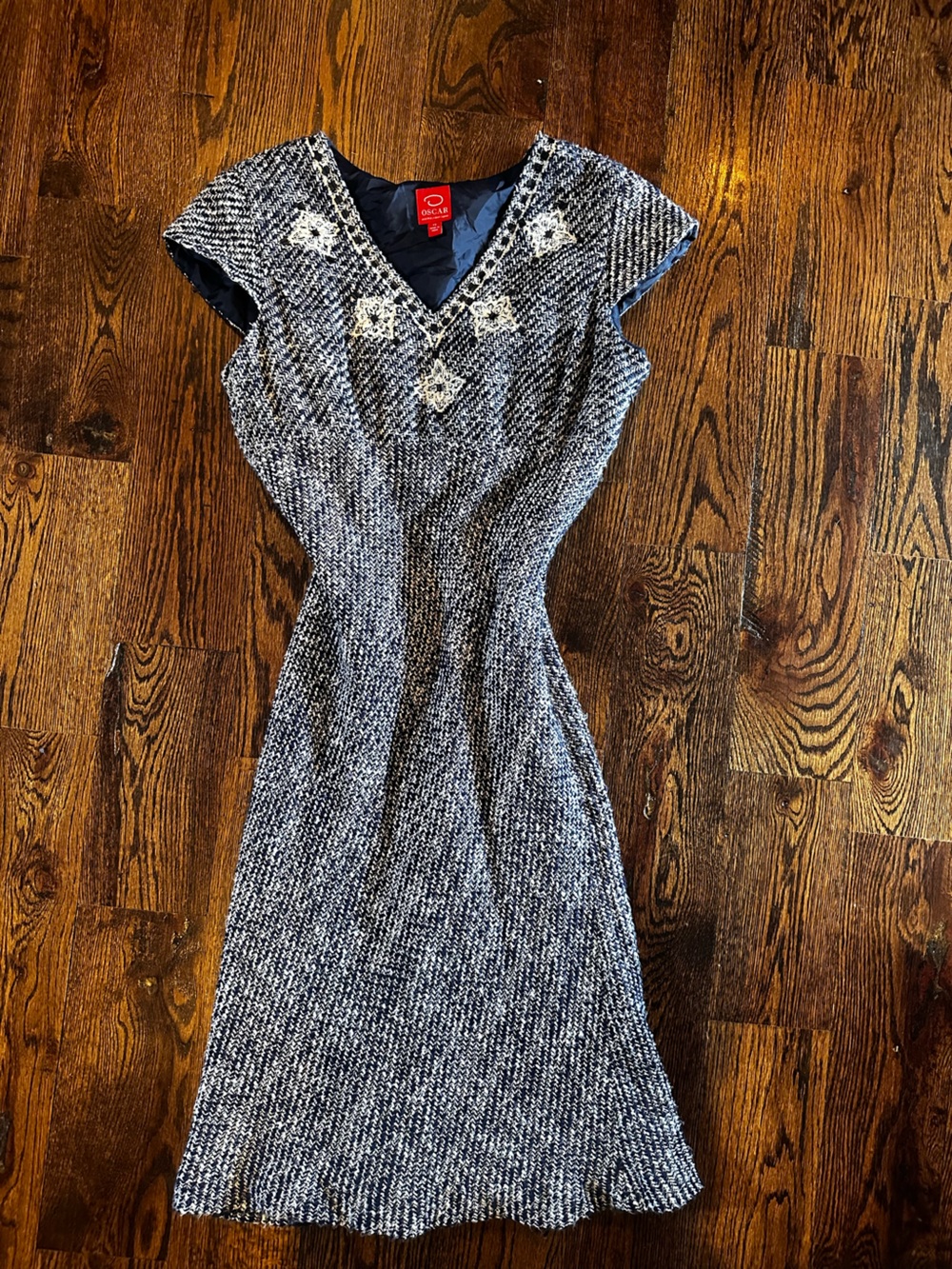 Oscar by Oscar de la Renta Navy Tweed V-Neck Dress